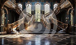 Grandiose double staircase in a luxurious palace with sunlight streaming through large windows