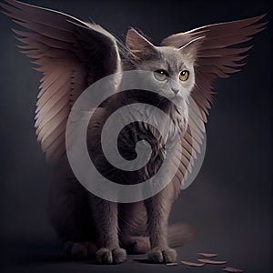 Generative AI:  gray fantasy cat with feathery wings