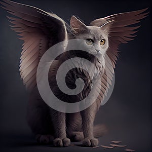 Generative AI:  gray fantasy cat with feathery wings photo