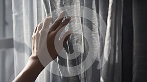 Generative AI Gray linen natural curtains on window closeup of hand touching curtains business concept.