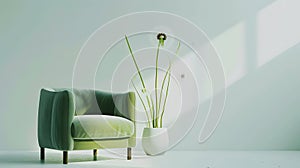 Generative AI Green armchair between dandelion and plant in living room interior with copy space and grey painting