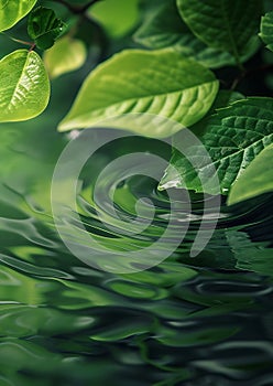 Generative AI Green leaves on water surface. Beautiful water ripple background for product presentation. Copy spac