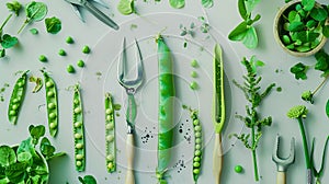 Generative AI Green pea composition with garden tools on light background Raw healthy snack Top view flat lay copy