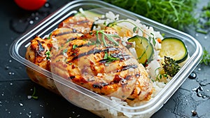Generative AI Grilled chicken meal prep with cooked rice and vegetables business concept.