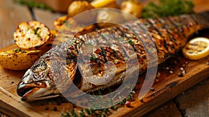 Generative AI Grilled dorado with herbs on a platter and baked potatoestop veiwselective focus business concept. photo