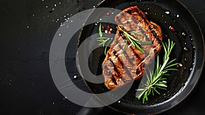 Generative AI Grilled pork steak in frying pan on black background with copy space Top view flat lay food business