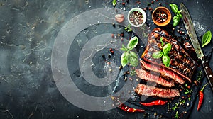 Generative AI Grilled porterhouse beef steak Sliced Tbone with herbs and spices Top view flat lay with copy space photo