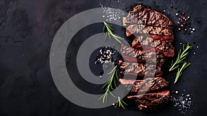 Generative AI Grilled porterhouse beef steak Sliced Tbone with herbs and spices Top view flat lay with copy space photo