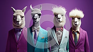 Generative AI, Group of business alpacas or lamas, funny animals. Individuality, independence