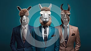 Generative AI, Group of business alpacas or lamas, funny animals. Individuality, independence