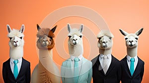Generative AI, Group of positive different colors of alpacas or lamas, funny animals.