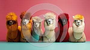 Generative AI, Group of positive different colors of alpacas or lamas, funny animals.