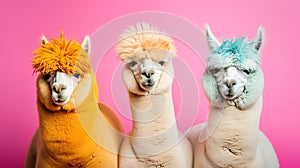 Generative AI, Group of positive different colors of alpacas or lamas, funny animals.