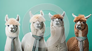 Generative AI, Group of positive different colors of alpacas or lamas, funny animals. Individuality, independence, think different