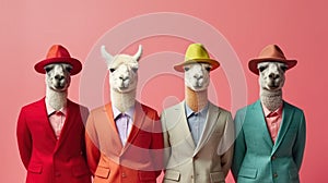 Generative AI, Group of positive different colors of alpacas or lamas, funny animals. Individuality, independence, think different