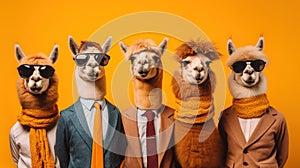 Generative AI, Group of positive different colors of alpacas or lamas, funny animals. Individuality, independence, think different