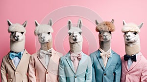 Generative AI, Group of positive different colors of alpacas or lamas, funny animals. Individuality, independence, think different