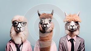 Generative AI, Group of positive different colors of alpacas or lamas, funny animals. Individuality, independence, think different