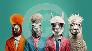 Generative AI, Group of positive different colors of alpacas or lamas, funny animals. Individuality, independence, think different