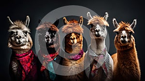 Generative AI, Group of positive different colors of alpacas or lamas, funny animals. Individuality, independence, think different