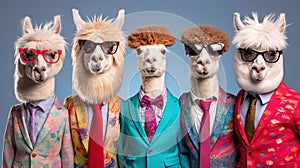 Generative AI, Group of positive different colors of alpacas or lamas, funny animals. Individuality, independence, think different