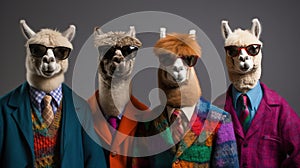 Generative AI, Group of positive different colors of alpacas or lamas, funny animals. Individuality, independence, think different