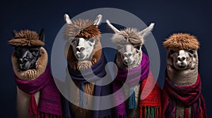 Generative AI, Group of positive different colors of alpacas or lamas, funny animals. Individuality, independence, think different