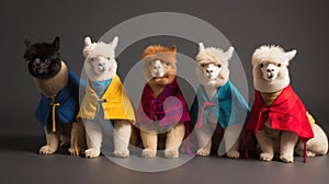 Generative AI, Group of positive different colors of alpacas or lamas, funny animals. Individuality, independence, think different