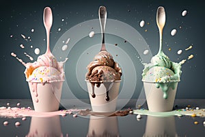 Generative AI. A group of three cups filled with different types of ice cream and toppings on top of each cup