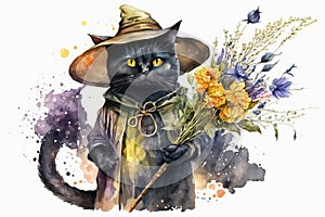 Generative AI. Halloween cat witch . Watercolor illustration background for the holiday Halloween. watercolor splash texture