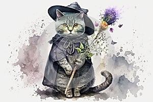 Generative AI. Halloween cat witch . Watercolor illustration background for the holiday Halloween. watercolor splash texture