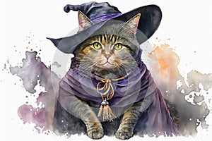 Generative AI. Halloween cat witch . Watercolor illustration background for the holiday Halloween. watercolor splash texture
