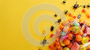 Generative AI Halloween concept Top view vertical photo of pumpkin basket for trickortreat spooky eyes candies wit