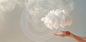 Generative AI, hand holding cloud, sky background. The development of the imagination