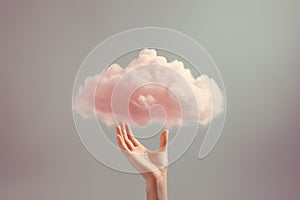 Generative AI, hand holding cloud, sky background. The development of the imagination
