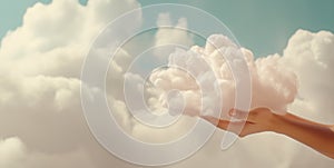 Generative AI, hand holding cloud, sky background. The development of the imagination