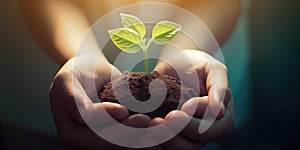 Generative AI. Hands holding and caring a green young plant on nature background