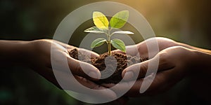 Generative AI. Hands holding and caring a green young plant on nature background