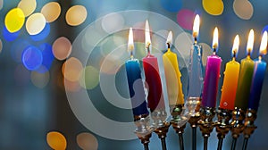 Generative AI Hanukkah menorah or hanukkiah with colored candles is out of focus Jewish holiday Hanukkah backgroun