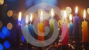 Generative AI Hanukkah menorah or hanukkiah with colored candles is out of focus Jewish holiday Hanukkah backgroun