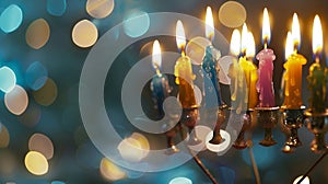 Generative AI Hanukkah menorah or hanukkiah with colored candles is out of focus Jewish holiday Hanukkah backgroun