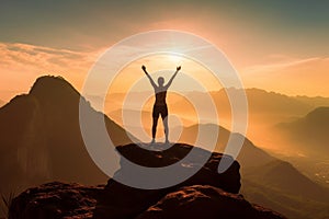 Generative AI Happy celebrating winning success woman at sunset or sunrise standing elated with arms raised up