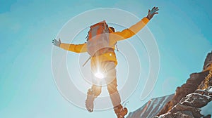 Generative AI Happy man with open arms jumping on the top of mountain Hiker with backpack celebrating success outd