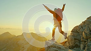 Generative AI Happy man with open arms jumping on the top of mountain Hiker with backpack celebrating success outd