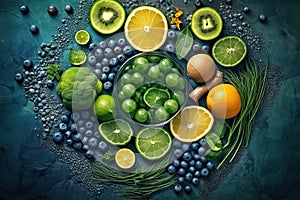 Generative AI, health benefits of spirulina supplements fresh fruits, vegetables symbolizing the connection between