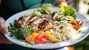 Generative AI Healthy Meal with Grilled Chicken, Rice, Salad, and Vegetables Served by Woman business concept.