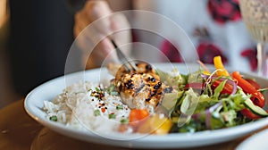 Generative AI Healthy Meal with Grilled Chicken, Rice, Salad, and Vegetables Served by Woman business concept.