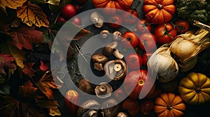 Generative AI Healthy vegetarian seasonal food Flatlay of autumn vegetables fruits and mushrooms from local market