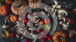 Generative AI Healthy vegetarian seasonal food Flatlay of autumn vegetables fruits and mushrooms from local market