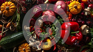 Generative AI Healthy vegetarian seasonal food Flatlay of autumn vegetables fruits and mushrooms from local market